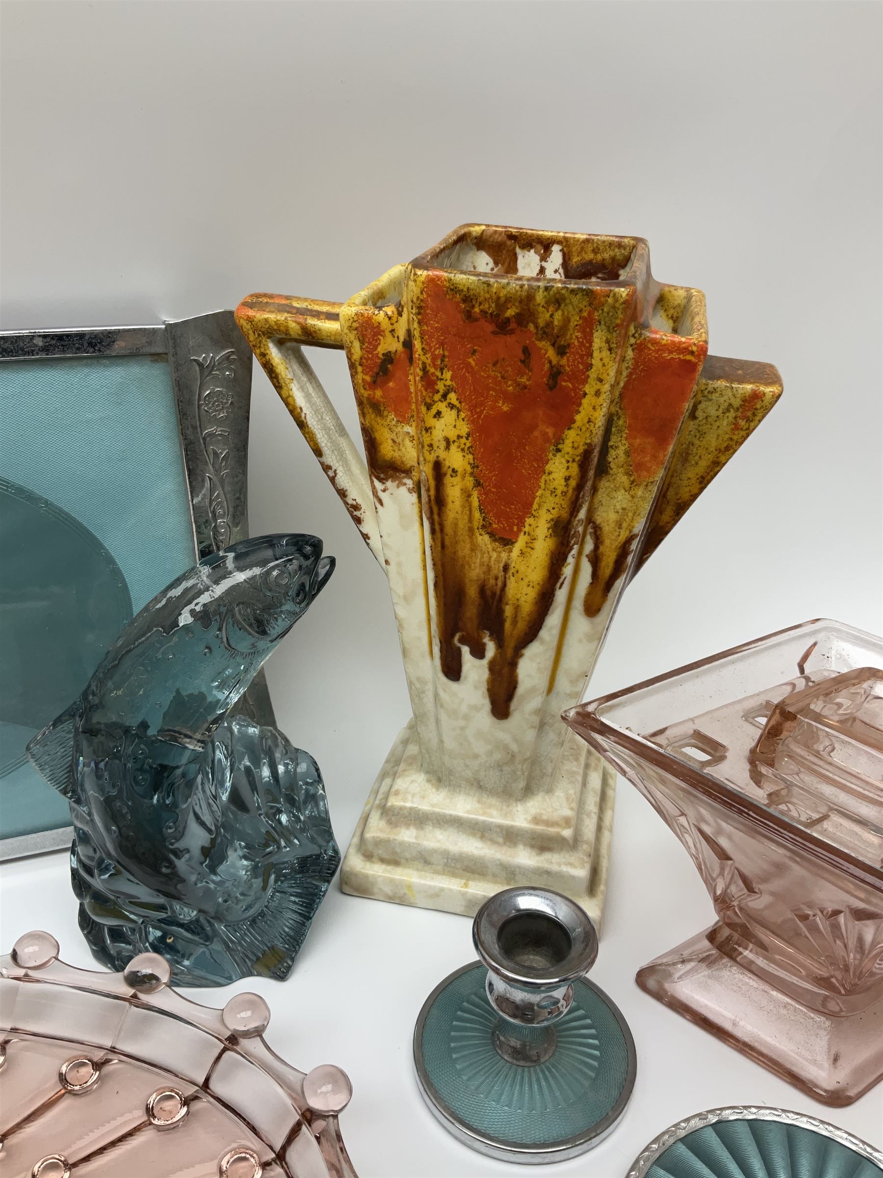 Swedish Svenskt Glass limited edition blue glass salmon, modelled by Paul Hoff, together with two vintage moulded coloured glass dressing table sets with jars and trays, spinning shot glass holder with abstract design glasses and an Art Deco vase, etc 
