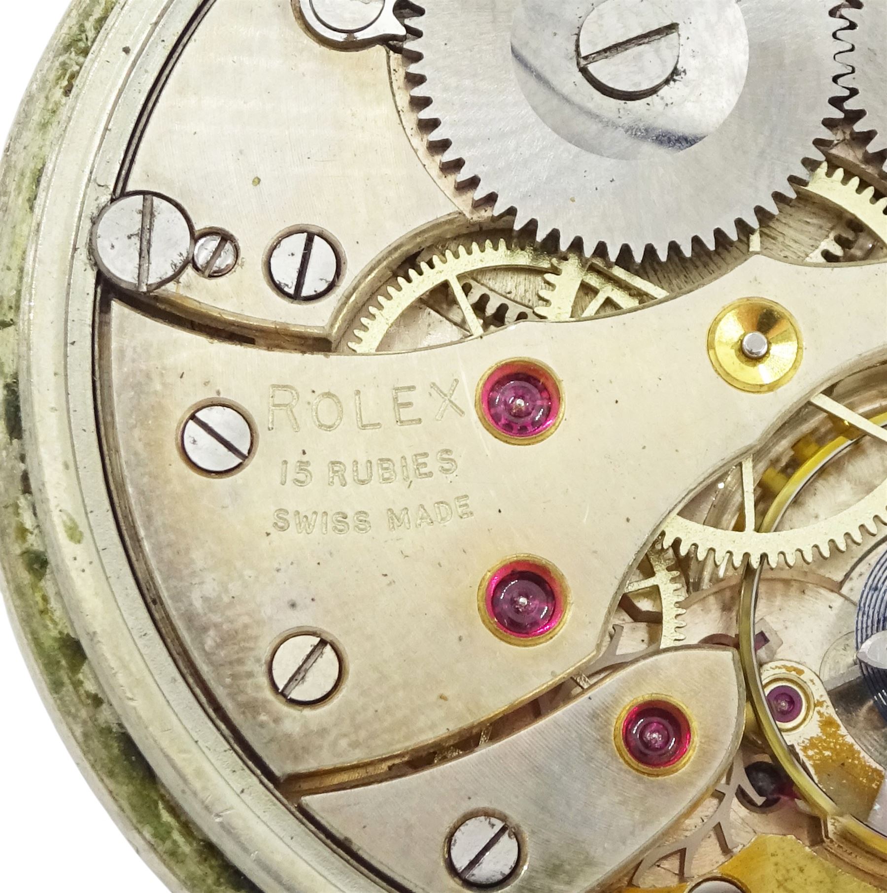 Rolex WWII military issue nickle plated, open face keyless lever pocket watch, Cal. 540, black dial with Arabic hour markers and subsidiary seconds dial marked A.12059, screw back case with broad arrow and markings A.10760 G.S.MKII