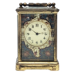  Small 19th century French brass and champleve enamel carriage time piece, with cream Arabic dial, H12cm,with key in red leather carry case   