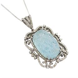 Silver carved aquamarine and diamond pendant necklace, stamped 925, aquamarine approx 12.45 carat, total diamond weight approx 1.05 carat