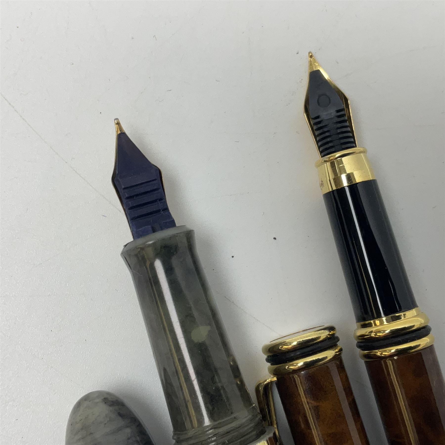 Ten fountain pens, to include Conway Stewart Dinkie 550 marbleised pen with 14ct gold nib, Conway Stewart Shorthand with 14ct gold nib, boxed, Marksman, Parket etc 