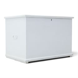 Victorian white painted pine blanket chest, with iron strap hinges, with fitted candle box, metal carrying handles