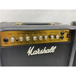 Aria Sinsonido mahogany electric travel guitar, serial no.0502385 L86cm; in original gig bag with earphones and GM11 Minituner; together with Fender Sidekick Reverb 25 amplifier and Marshall MG Series 15DFX amplifier (3)