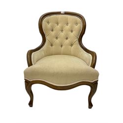 Victorian design stained beech framed upholstered nursing bedroom chair, upholstered in buttoned ivory fabric, on cabriole supports