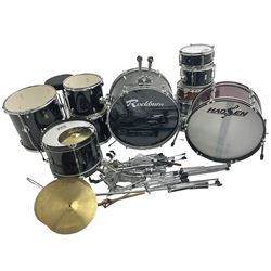 Rockburn eight-piece black drum kit with bass drum, floor tom and five other toms and snare drum; together with two other snare drums; Haosen bass drum; four cymbals; various stands, foot pedals, stool, tri-angle, drum sticks etc