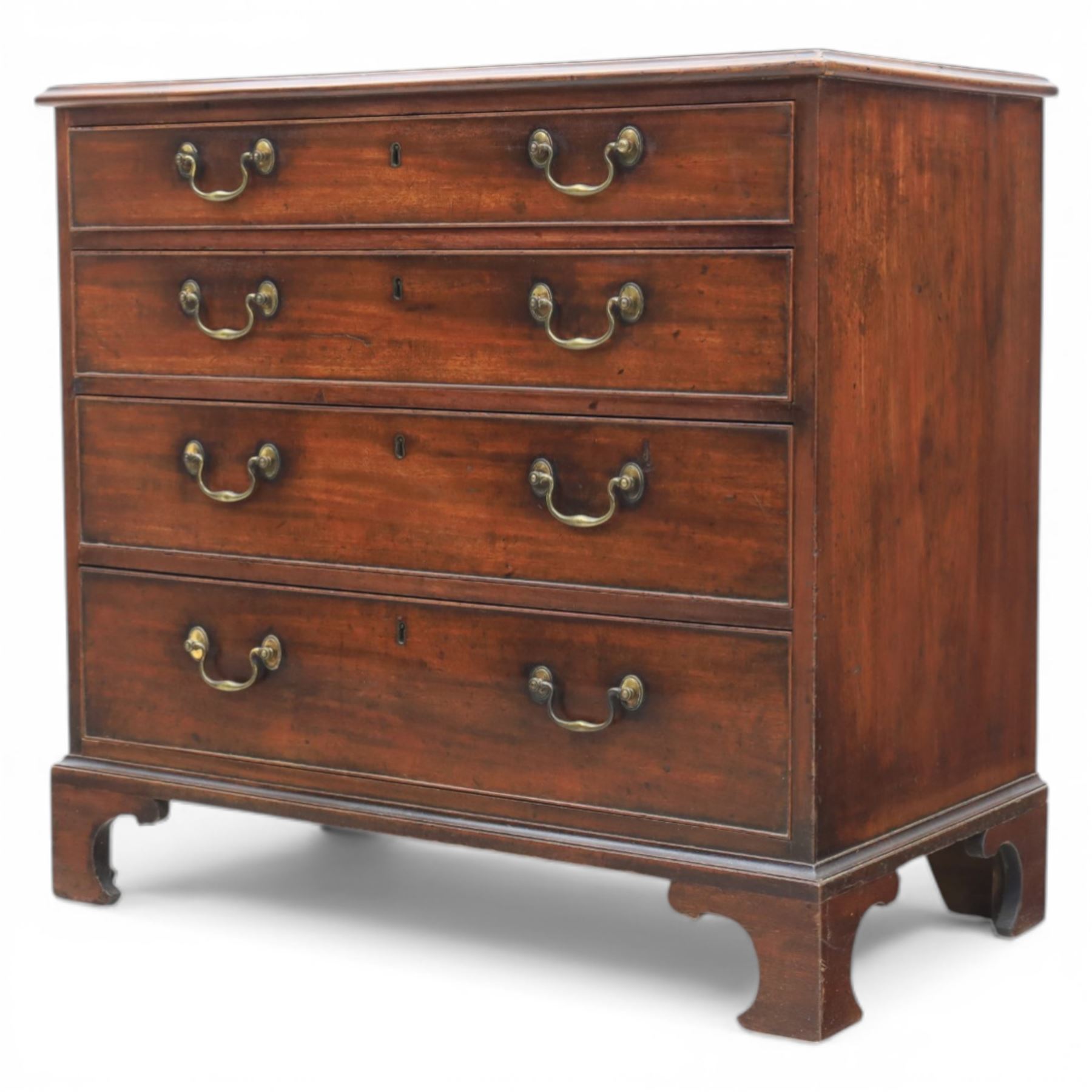 George III mahogany chest, fitted with four graduating drawers, rectangular flamed mahogany top with moulded edge, above four graduated drawers with brass swan neck handles, raised on bracket feet