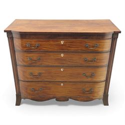 19th century mahogany bow fronted chest, the moulded top over four long cock-beaded drawers with brass swan neck handles and shield shaped bone escutcheons, flanked by reeded uprights, raised upon shaped bracket feet