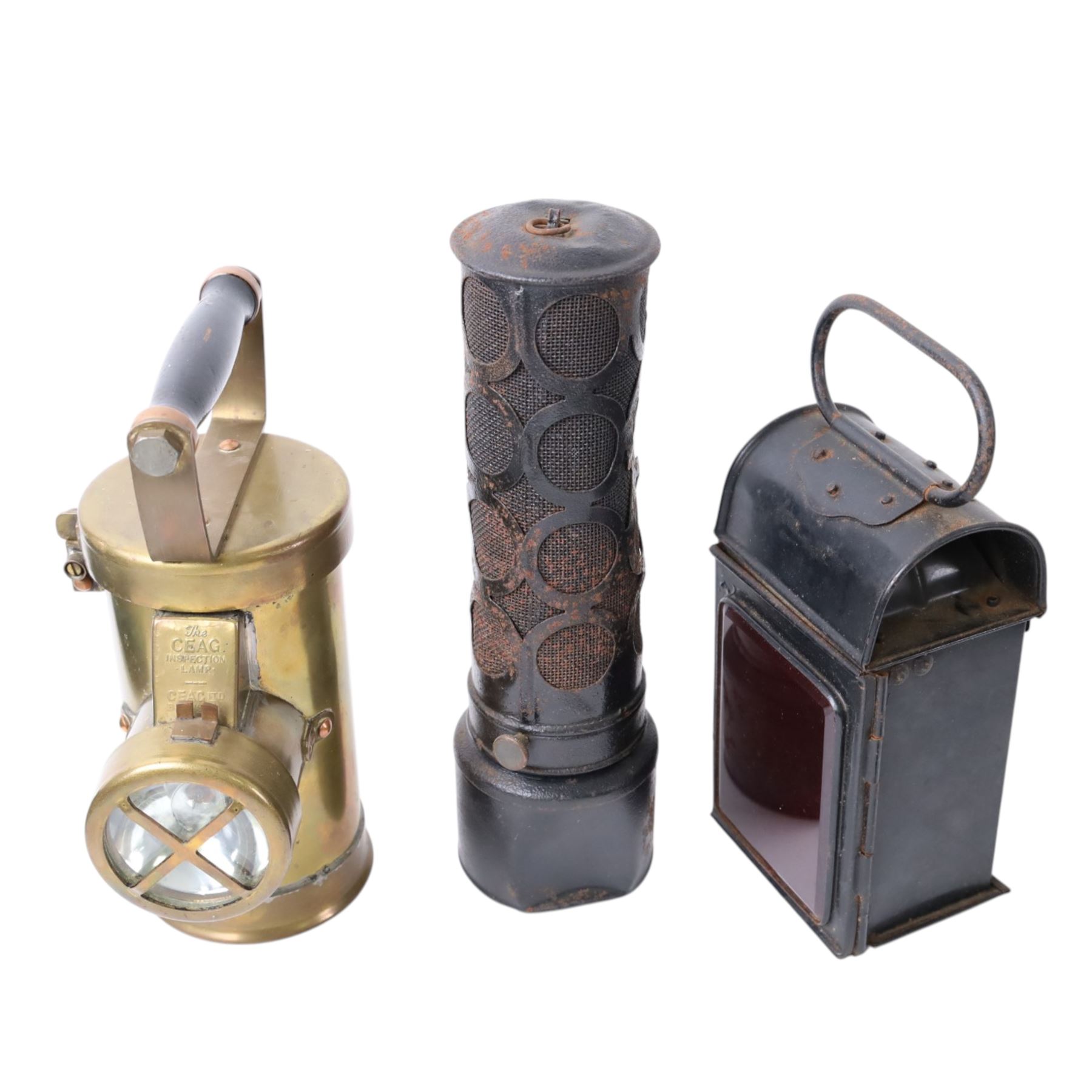 Inspection lamps and similar, including hanging brass engine inspection light, railway signal lollipop lamp, railway lantern, Sentinel paraffin heater, Ceag inspection lamp and a Crescent lamp
