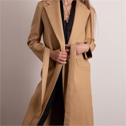 Amanda Wakeley London - full-length coat in camel wool, with notched lapels, concealed front fastening, self-tie belt, and side slip pockets, of minimalist tailored form, from the 'Petite Chic' line, unused
