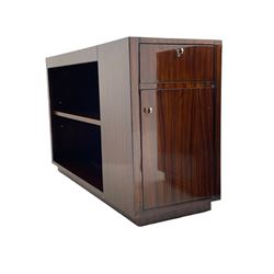 Ralph Lauren - pair 'Metropolis' Art Deco design end-tables, rosewood finish box frame with smoke glass inset, each fitted with cupboard, drawer and shelf