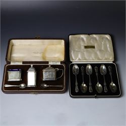 1930s silver three piece cruet set, comprising pepper shaker, open salt and mustard pot, w...