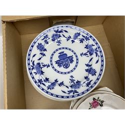 Mintons Delft dinner plates, together with a quantity of blue and white dinner wares by various makers including tureens, dinner plates, side plates and bowls, together with quartz carriage clocks, royal commemorative ware, and a collection of other ceramics and collectables etc, in six boxes