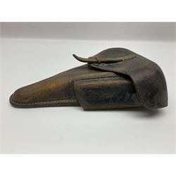 WWII German brown leather holster with side magazine pouch for a Walther P.38 semi-automatic pistol, stamped P38 and OWX 1941 on back L24.5cm