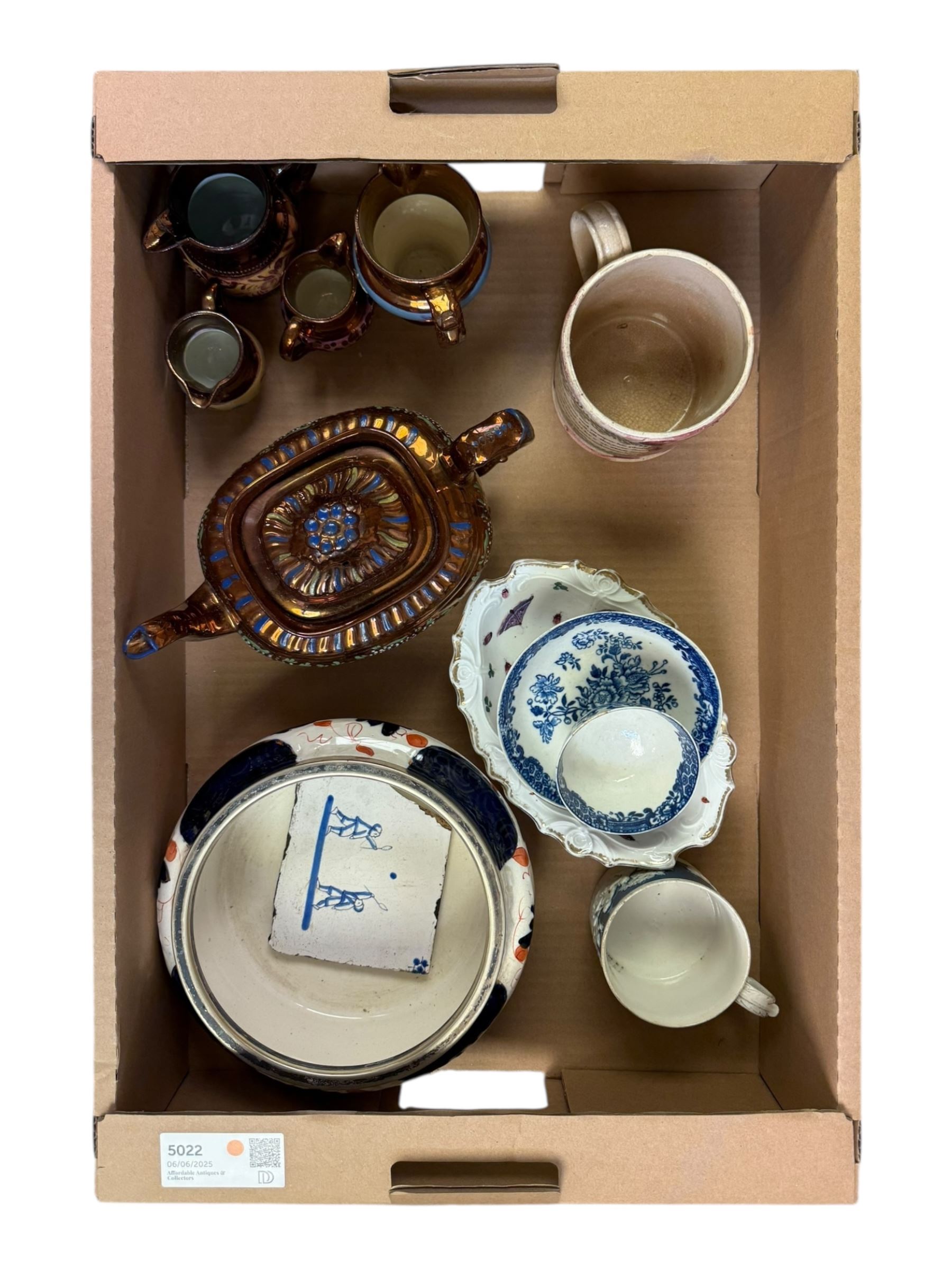 19th century and later ceramics, including Sunderland lustre mug, with agricultural scene and quote, together with lustre teapot and jugs, bowl with silver rim, Sampson dish, English blue and white tea bowls and saucers, blue and white tile, etc