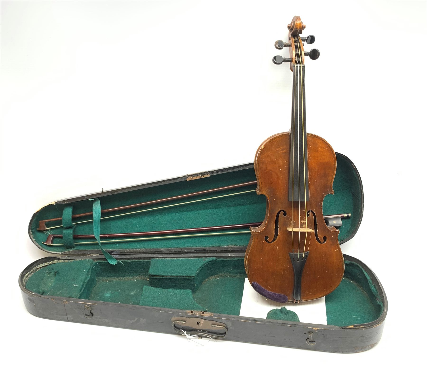 John Murdoch & Co. 'The Maidstone' three-quarter size violin with 33.5cm two-piece maple back and ribs and spruce top, bears label, 55cm overall, in original ebonised wooden 'coffin' case with two bows 