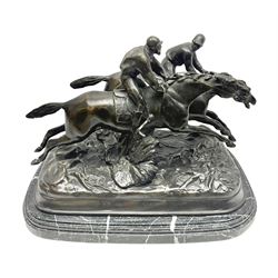 After E Loiscay, bronzed figure group, modelled as two race horses, signed E Loiscay, upon a stepped marble plinth, overall H28cm