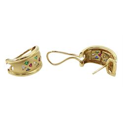 Pair of 14ct gold emerald, ruby, sapphire and diamond half hoop earrings, in satin gold finish by by Colombian Emeralds International, boxed with certificate 