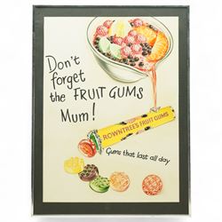 Original Rowntree Mackintosh (Rowntrees) prototype collage advertising poster for Fruit Gums - 'Don't Forget the Fruit Gums Mum - Gums that all day', colour poster with collage depicting a fruit punch being poured into a tube of Fruit Gums 50cm x 37cm
Provenance: from the personal collection of David Lamb, former advertising manager at Rowntree Mackintosh, York