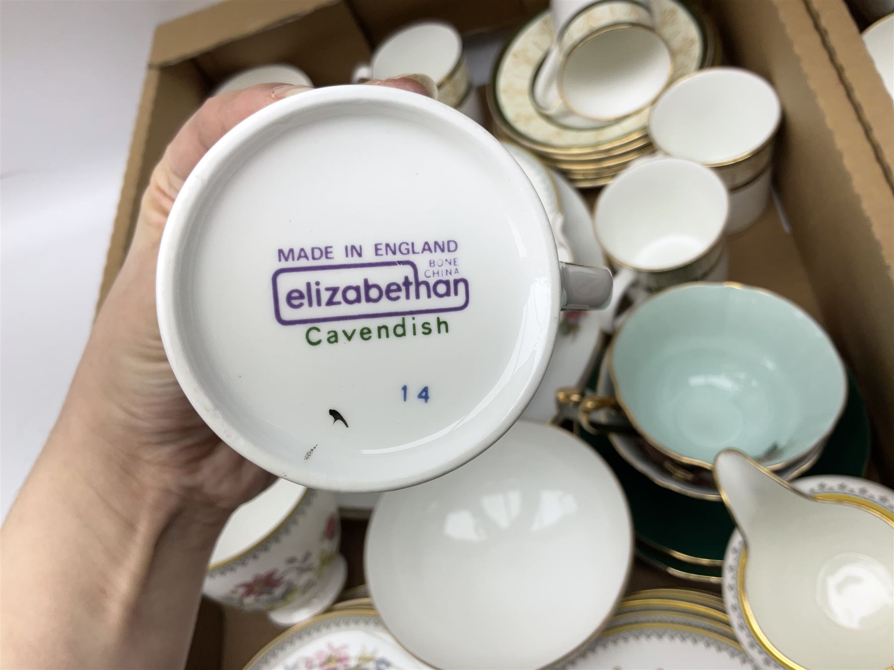 Coalport 'Persian Flower' part tea service for four, together with Elizabethan 'Cavendish' cups and saucers, Border Fine Arts dog figure, other teawares and ceramics, metalware etc in two boxes