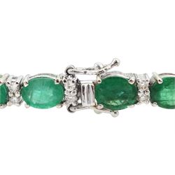 18ct white gold oval cut emerald and round brilliant cut diamond bracelet, stamped, total emerald weight 9.10 carat, total diamond weight 0.46 carat