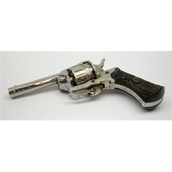19th century plated Belgian 7mm pin-fire revolver, the six-shot cylinder inscribed 'The Young Lion 1881 New Pattern', with folding trigger and carved walnut split stock, barrel length 7.5cm, overall length 18.5cm