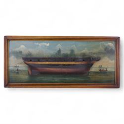 20th century half block diorama of a coble, painted within a seascape beneath a cloudy sky...