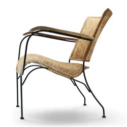 Mid century style cocktail cowhide chair, upholstered in tan cowhide, rectangular back and curved seat with stitched panels and laced borders, shaped wooden armrests on curved black metal supports 