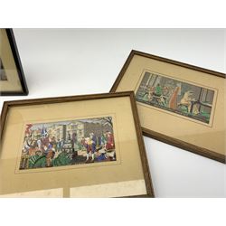 A pair of gilt framed Stevengraph silk pictures, The good old days, and The present time, together with five further later framed silk pictures. 