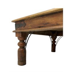 Mexican pine rectangular coffee table, metal strap-work, turned legs