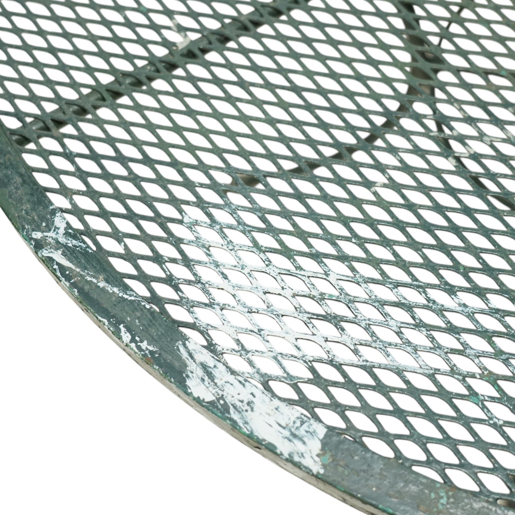 Green painted wrought metal garden table and chairs, with green striped cushions 