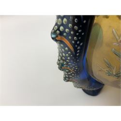 Pair of 19th century glass vases in the style of Auguste Jean, of bulbous form with lobed rim and applied blue glass zoomorphic handles, painted with enamel flowers, dragonflies and swans, upon four blue glass feet, H26cm