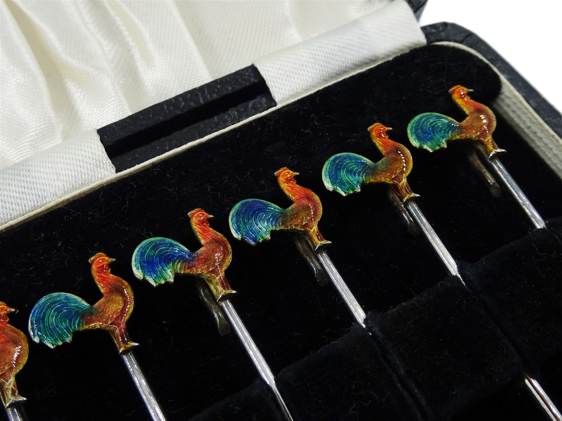 Set of six silver and enamel cockerel cocktail sticks by Adolph Scott, Birmingham 1953, cased
 