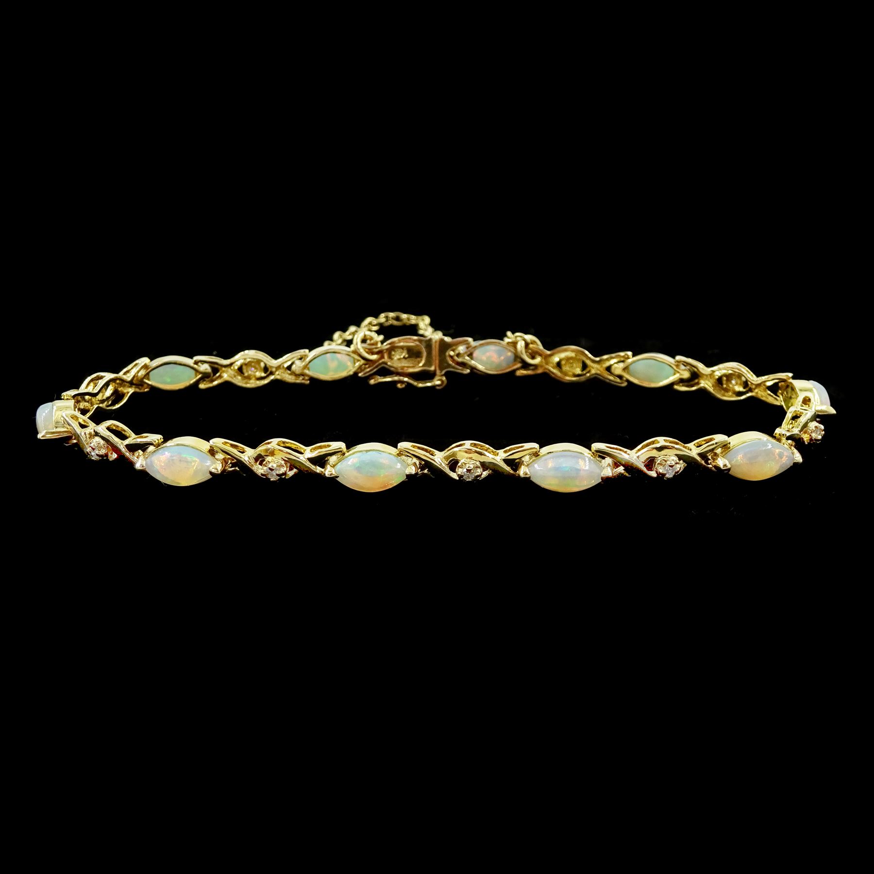14ct gold marquise shaped opal and diamond link bracelet, Sheffield 2002