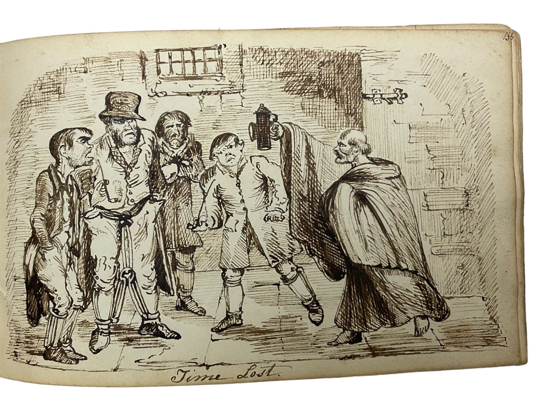 George Cruikshank (British 1792-1878): 'Illustrations of Time', original sketchbook containing eighteen preliminary pen and ink  sketches for the folio pub. 1827, signed in the title page with inscriptions for each sketch 12cm x 19cm
