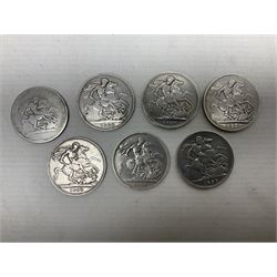 George III 1819 crown coin and six Queen Victoria crown coins dated 1889, three 1890, 1891 and 1900 (7)