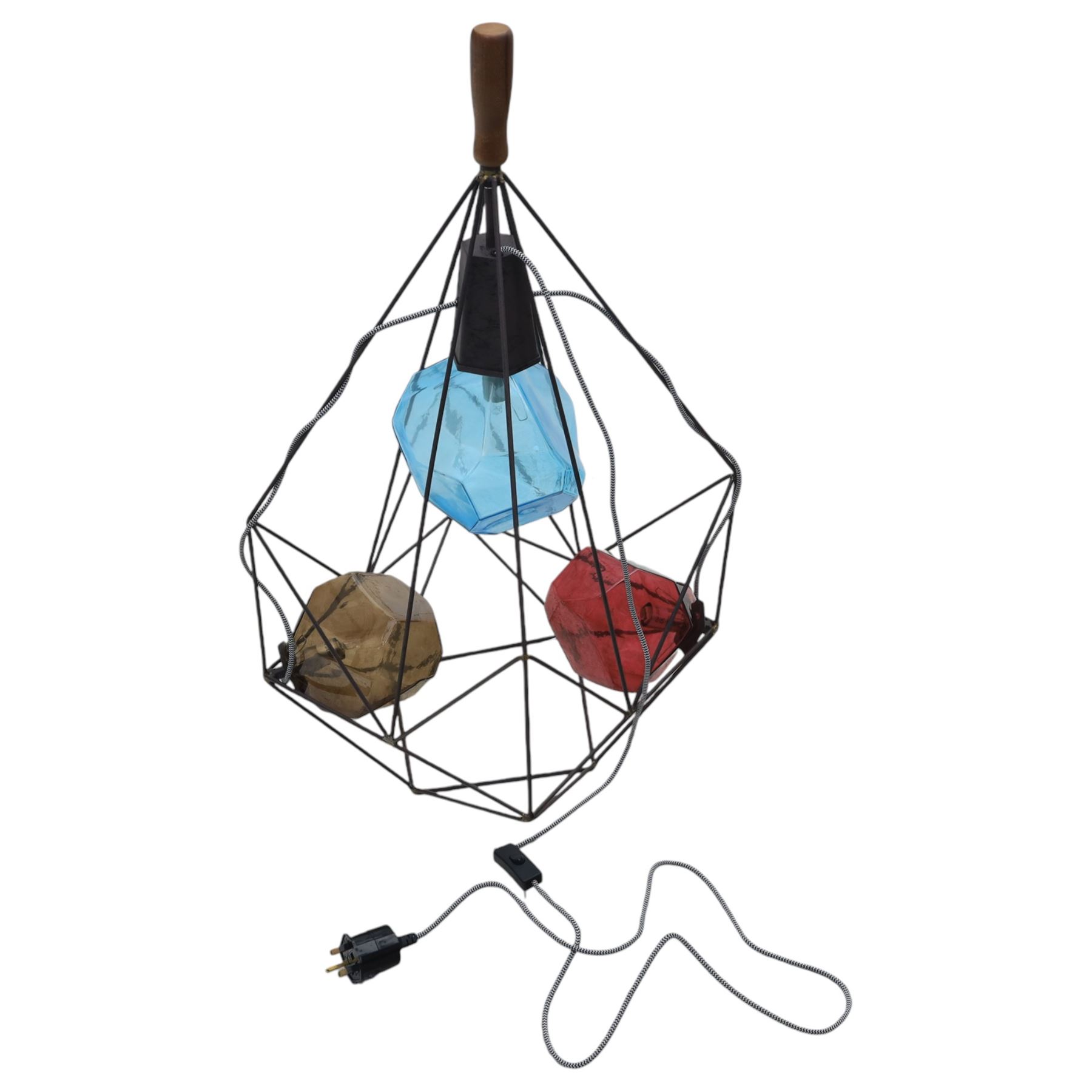 KARE Designs - modern table lamp, the wirework metal cage of multi-faceted form enclosing three coloured glass shades, supported from a central mount with turned wooden handle above