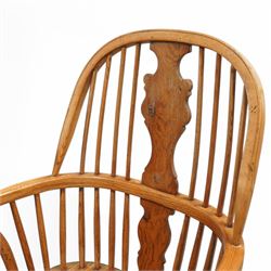 Batheaston Bespoke Furniture, Harrogate - pair of figured oak and ash Windsor armchairs, double hoop and stick back with shaped splats, dished seat on turned supports united by crinoline stretcher