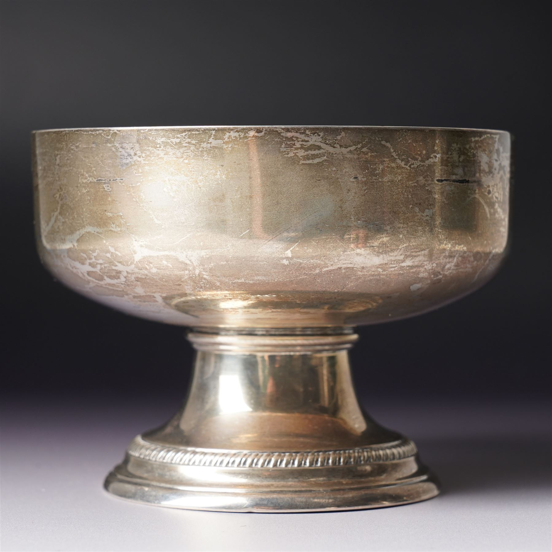 Silver circular bowl on pedestal stem and gadrooned  foot D11.5cm Sheffield 1926 Maker Thomas Bradbury & Sons Ltd