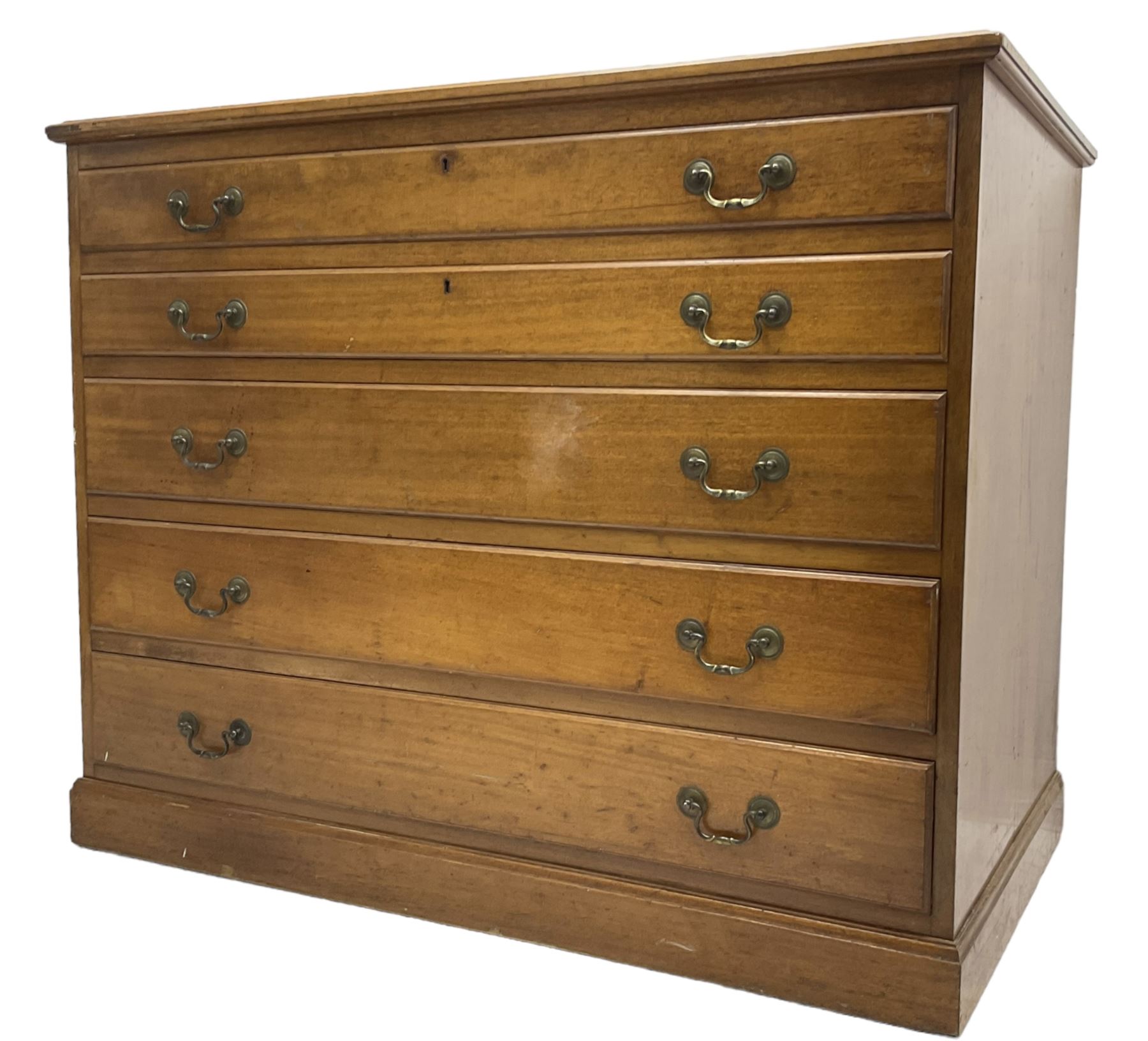 20th century mahogany plan chest, moulded rectangular top over five graduating drawers, on moulded plinth base