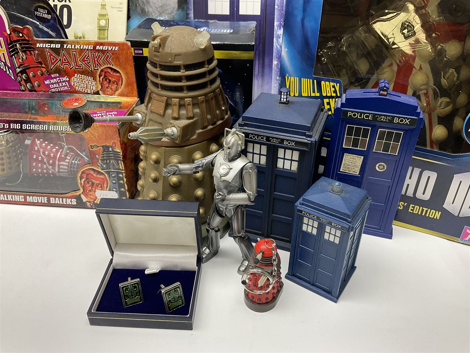 Doctor Who collectables to include ‘British Icon Dalek’ limited 50th anniversary edition in original box, collectors cookie jar, Dalek and Tardis related figures, sonic screwdrivers, small quantity of stamps, framed prints, books etc 