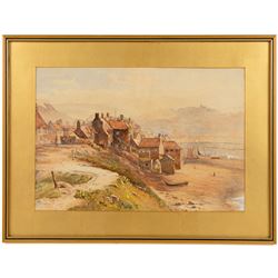 Thomas Swift Hutton (British 1860-1935): 'Tin Ghaut - Whitby', George Percy Bankart (British 1866-1929): ‘River Esk at Whitby’, Edith F Hillier (British 19th/20th Century): ‘The Market Place – Whitby'; together with other Whitby related watercolours variously signed and titled max 36.5cm x 26.5cm (6)