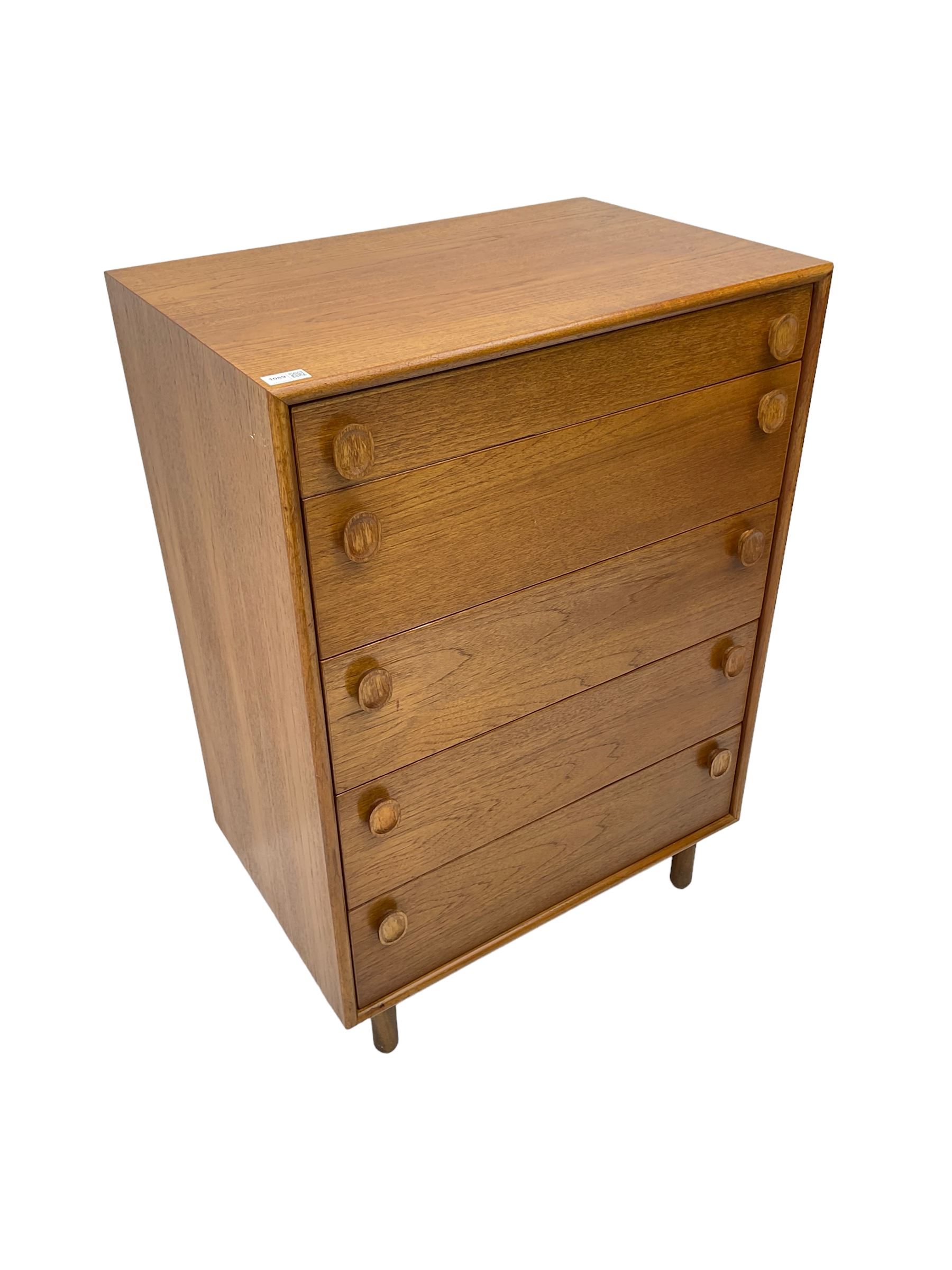 Meredew - mid-20th century teak chest of drawers, fitted with five drawers each with oval wood handles
