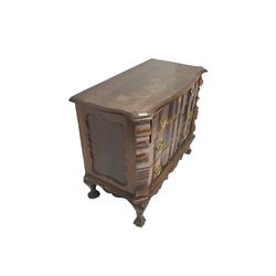 19th century Dutch serpentine chest, moulded edge, fitted with three drawers with shaped fronts and brass handle pulls, flanked by shaped uprights and panelled sides, raised on cabriole supports terminating in ball and claw feet