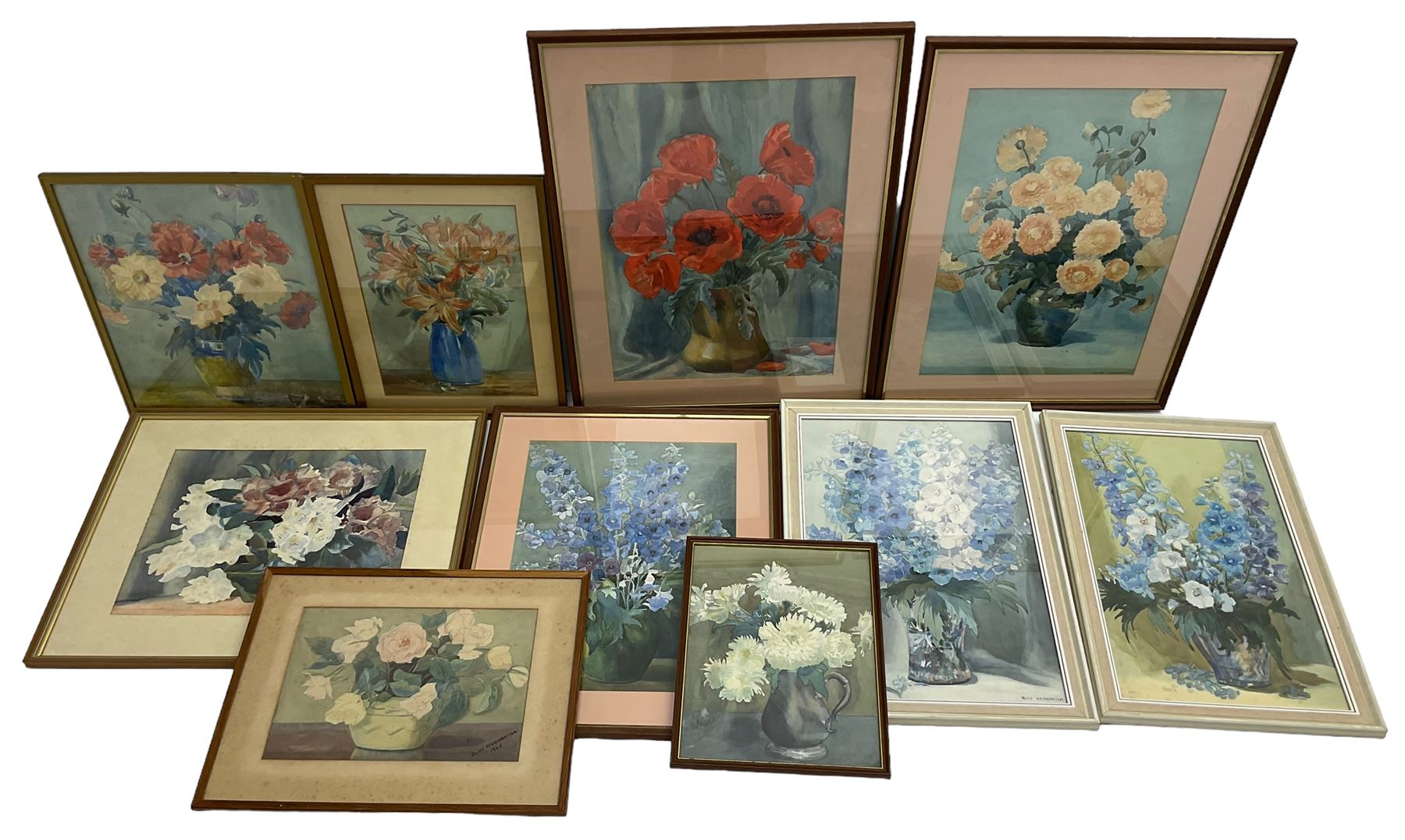 Olive Higginbottom (Yorkshire Early/Mid-20th century): Still Life of Delphiniums and 
Other Flowers, studio collection of watercolours, some signed and dated max 54cm x 38cm, in one box (10)