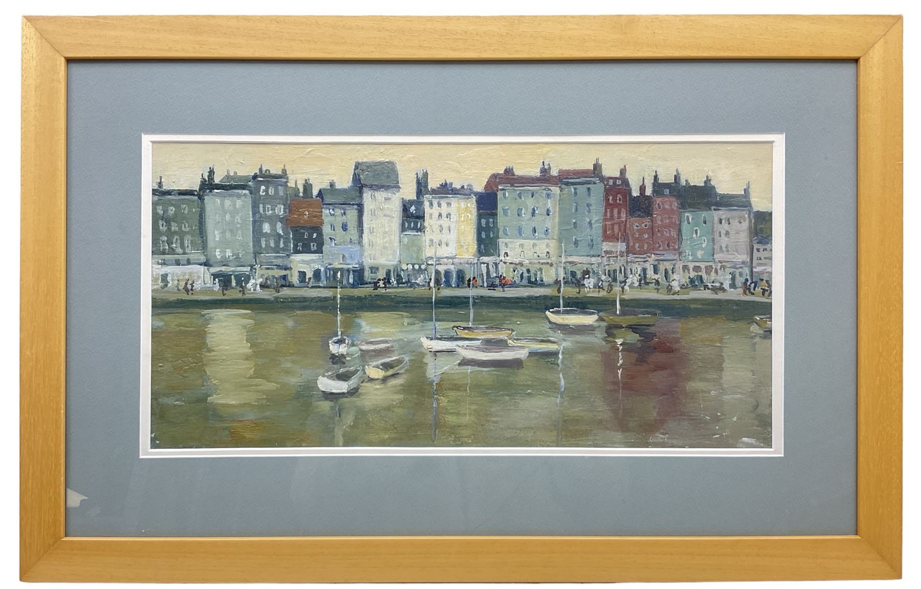 Margaret Parker (Northern British 1925-2012): Harbour Scene, oil on board signed 24cm x 50cm
