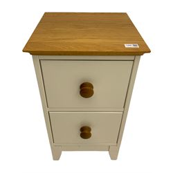 White and oak side table, fitted with two drawers