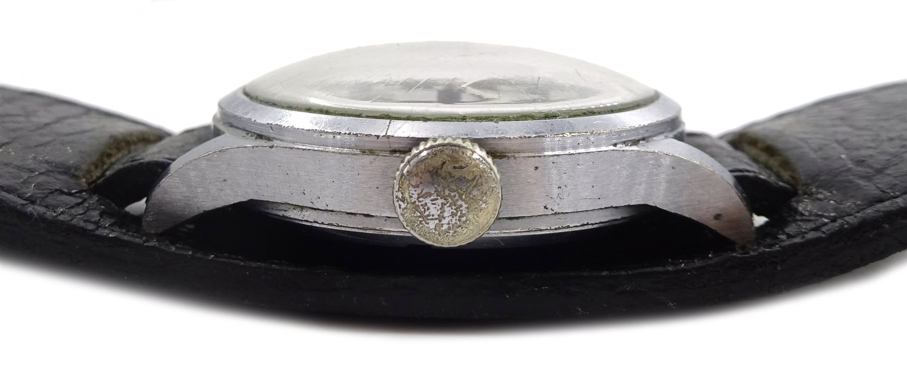 Record Watch Co GENF WWII German wristwatch, back case stamped Stahlboden D 422954 H, on leather strap
