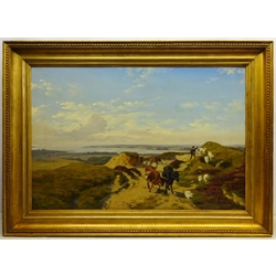 Axel Thorsen Schovelin (Danish 1827-1893): Boy driving Cattle and Sheep with Coastal Estuary in the distance, oil on canvas signed 61cm x 92cm