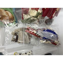 1960s Palitoy Tressy fashion doll, boxed with stand and booklets; four additional Tressy outfits (In The Office, Winter Journey, Winter Sports and Evening Date); two other outfits; and Tressy's Little Sister Toots doll with Style Book and additional outfit