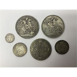 Two Queen Victoria silver crown coins dated 1889 and 1893, 1889 double florin, 1867 and 1897 one shilling, King George V 1914 threepence